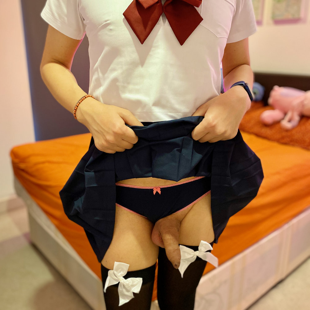 White & blue seifuku, dark blue panties with pink bow, black stockings with white bows