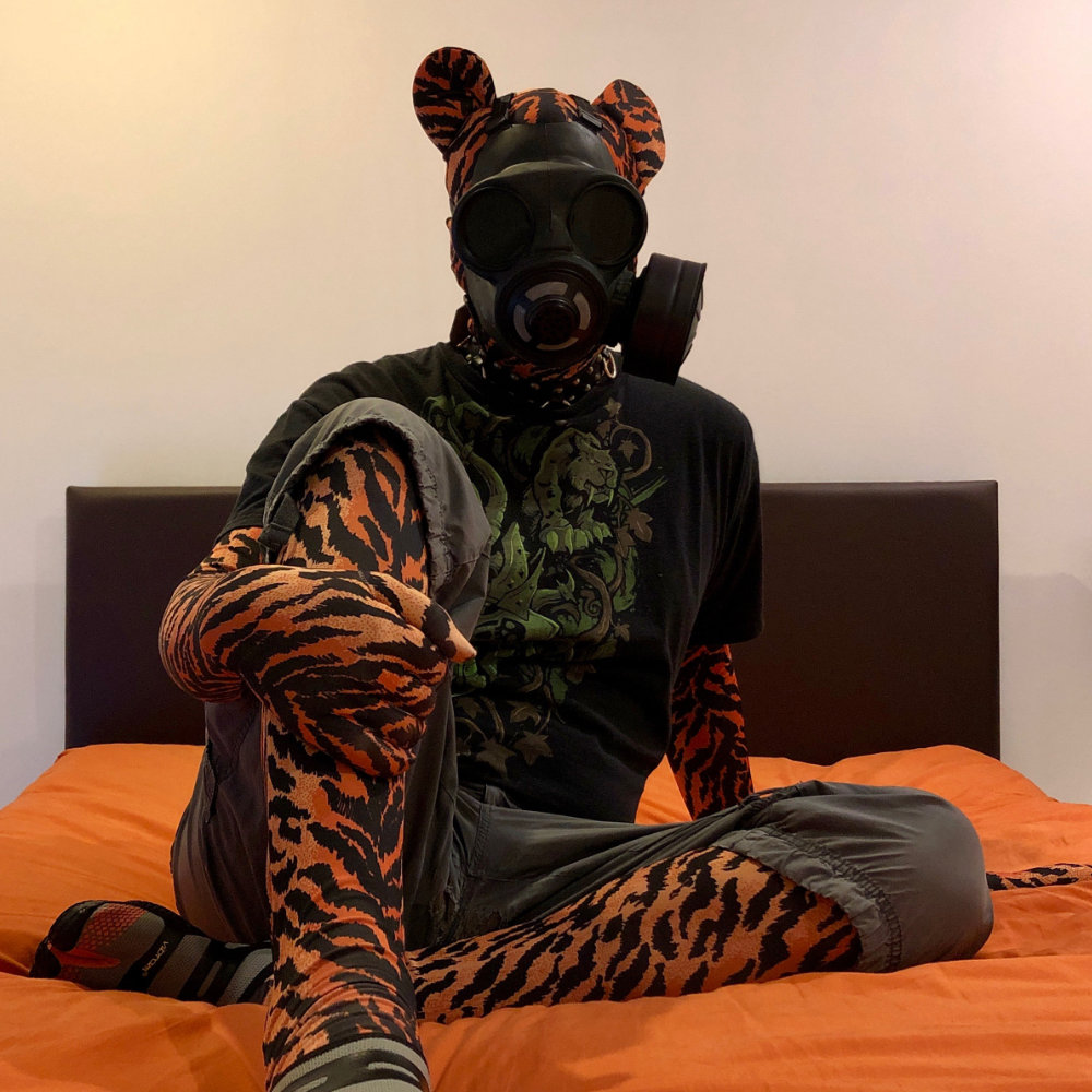 Galaxet is in a tiger zentai, skintight suit. They are wearing a gas mask with dark lenses, a black leather collar, dark t-shirt and shorts, and grey and orange toe shoes. They are sitting on an orange bed.